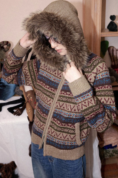 Hooded Fair Isle Wool Cardigan