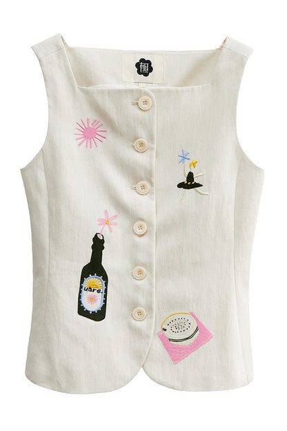 Ear Detail Tencel Cotton Embroidered Vest and Shorts Set-Up