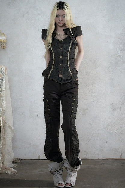 Lace Patchwork Ruched Layered-Look Shirt