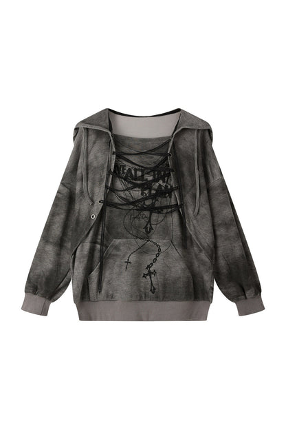 Distressed Drawstring Cross Print Hooded Pullover Sweatshirt