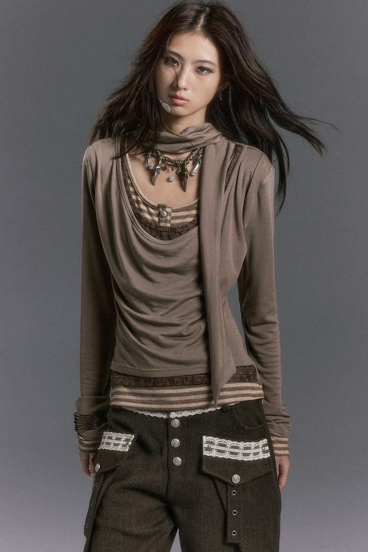 Langarmshirt im Lagenlook mit Spitzen-Patchwork und Streifen