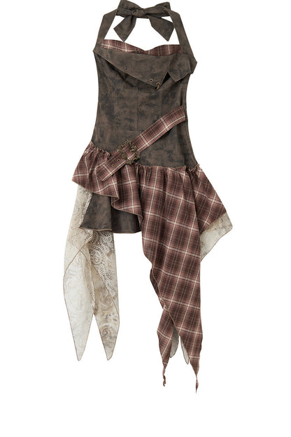 Plaid Asymmetrical Hem Layered-Look Dress