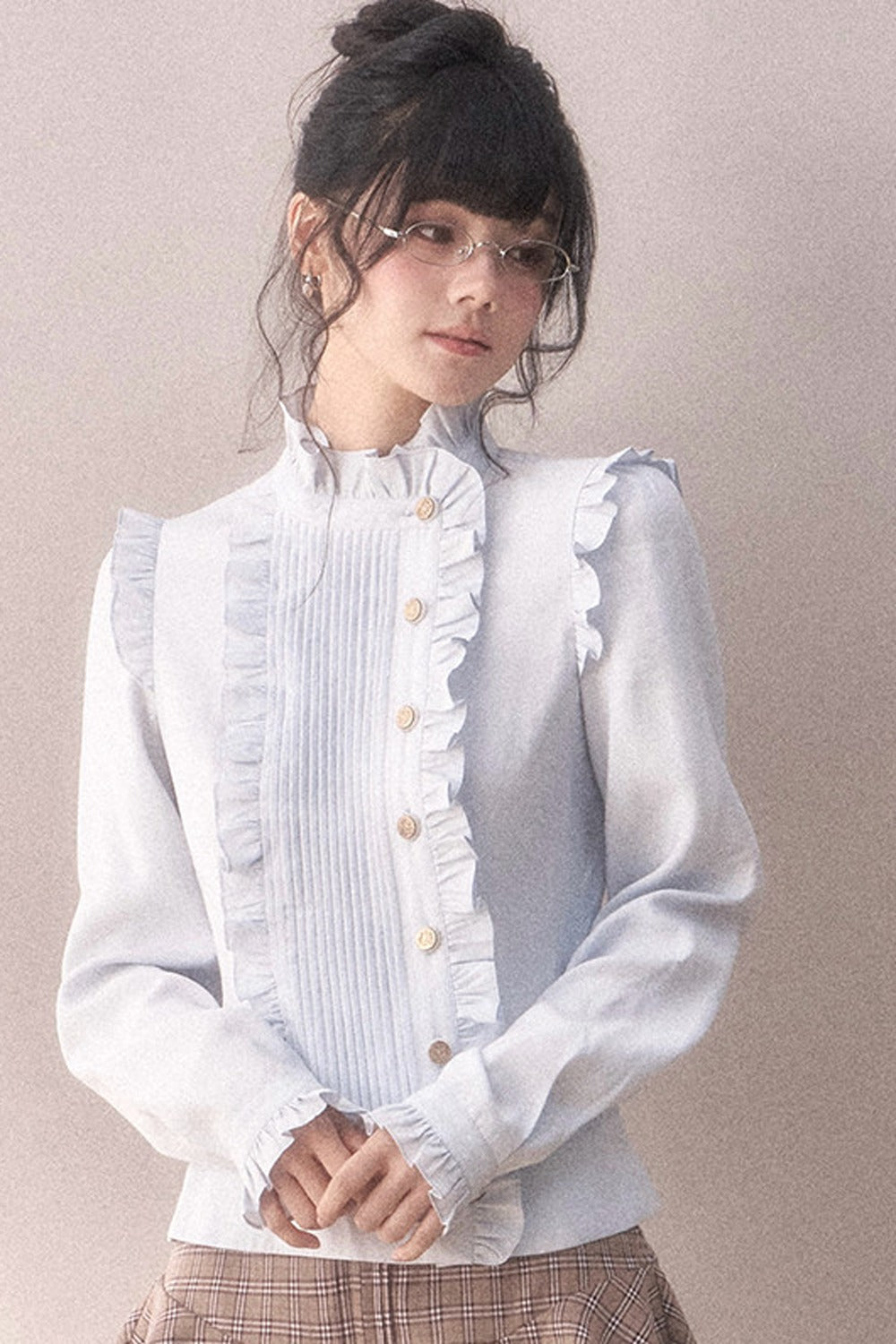 Pleated Lace Ruffle Asymmetrical Long-Sleeved Shirt