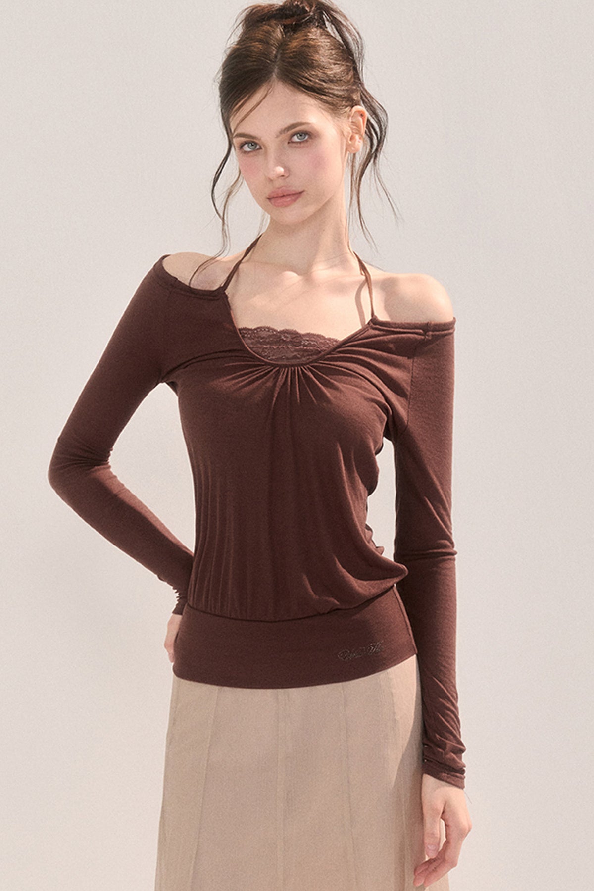Off-Shoulder Lace Collar Long Sleeve T-Shirt