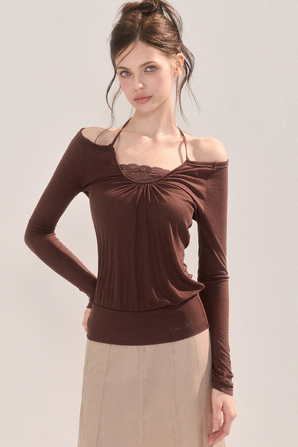 Off-Shoulder Lace Collar Long Sleeve T-Shirt