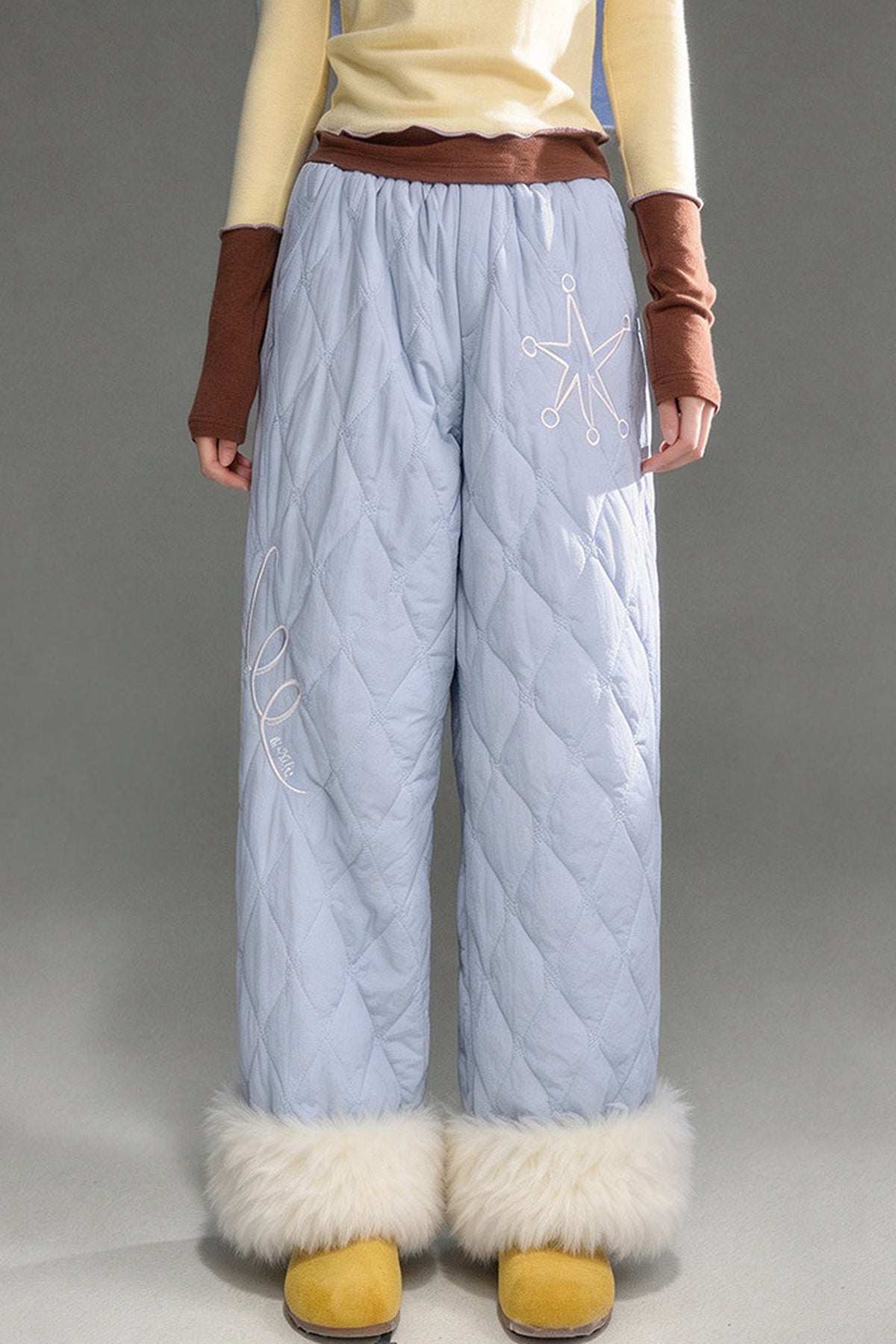Star Embroidery Quilted Wide-Leg Pants