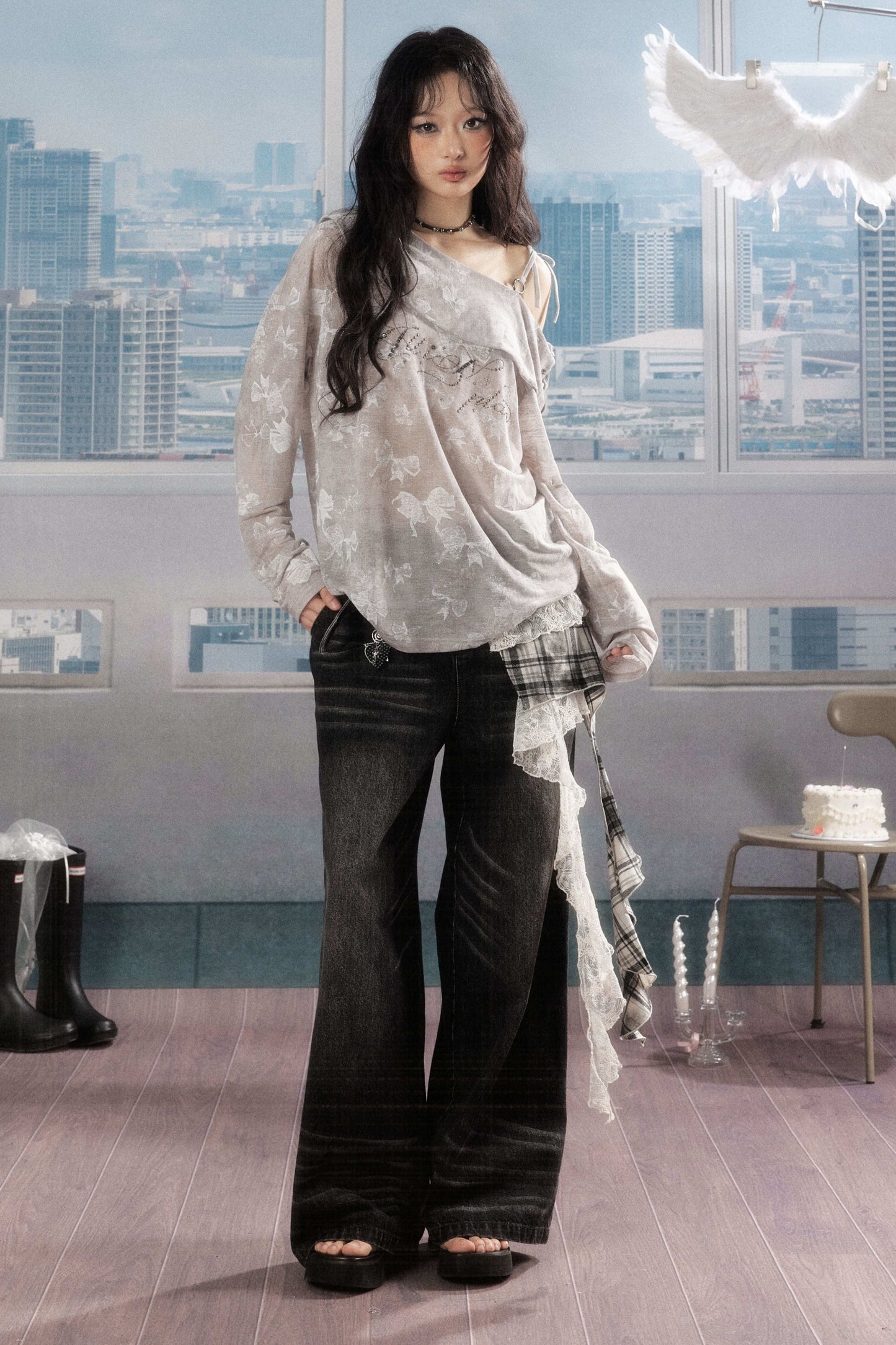 Karierte Wide-Leg-Jeans im Lagenlook