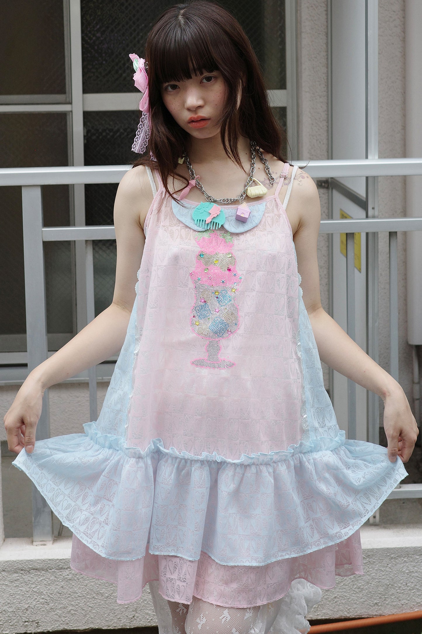 Pink Blue Patchwork Rhinestone Mesh Cami Dress