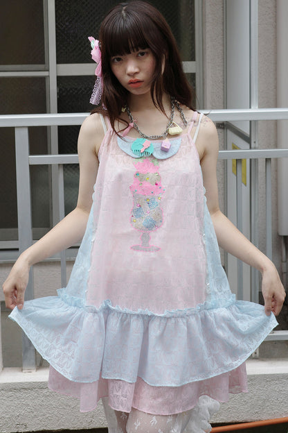 Pink Blue Patchwork Rhinestone Mesh Cami Dress