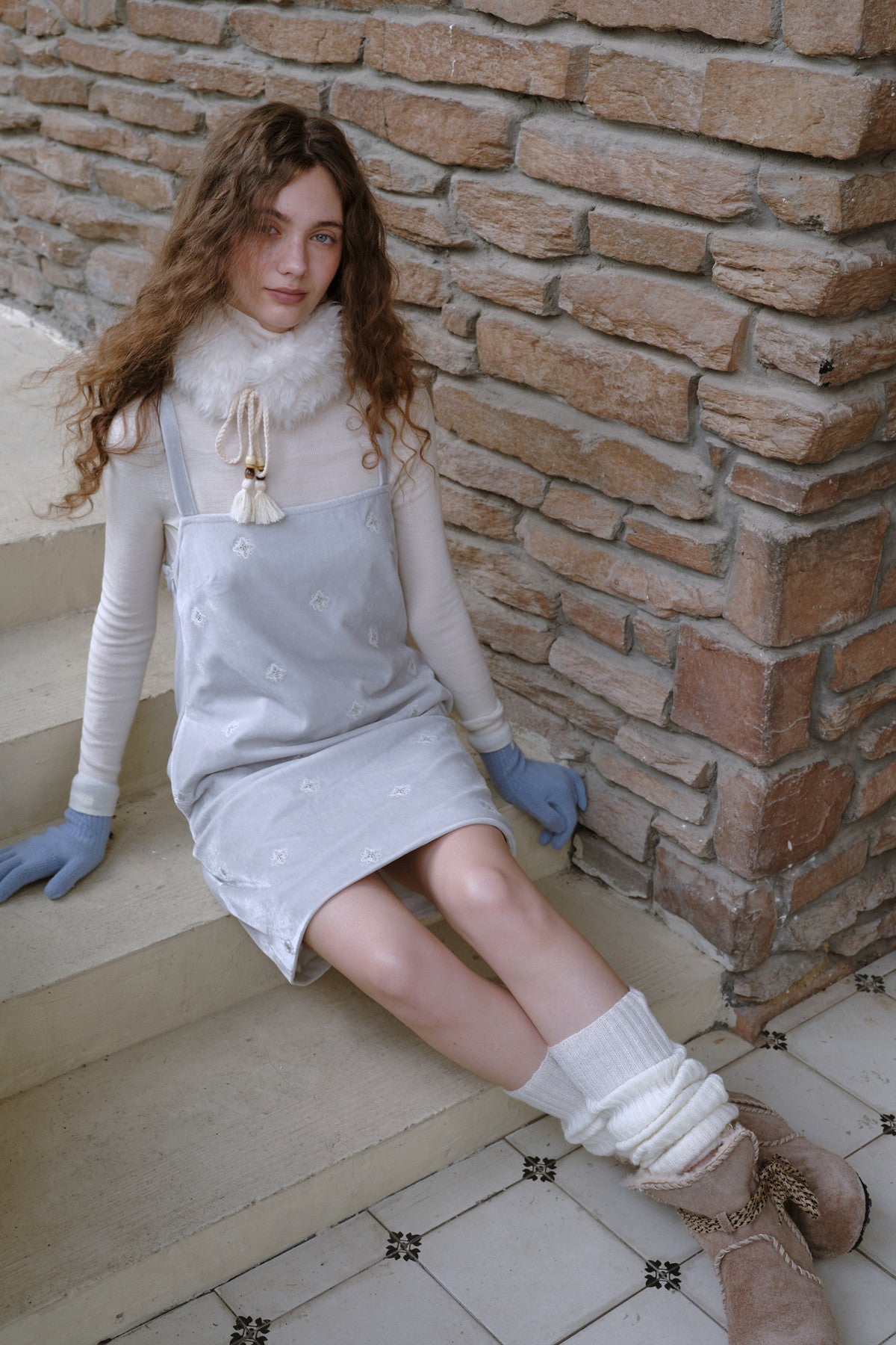 Embroidered Velvet Suspender Dress