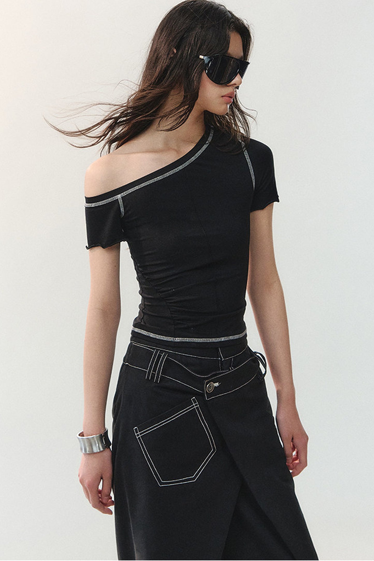 Asymmetrical Shoulder Short-Sleeve Top