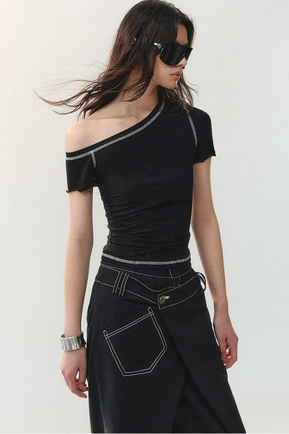 Asymmetrical Shoulder Short-Sleeve Top
