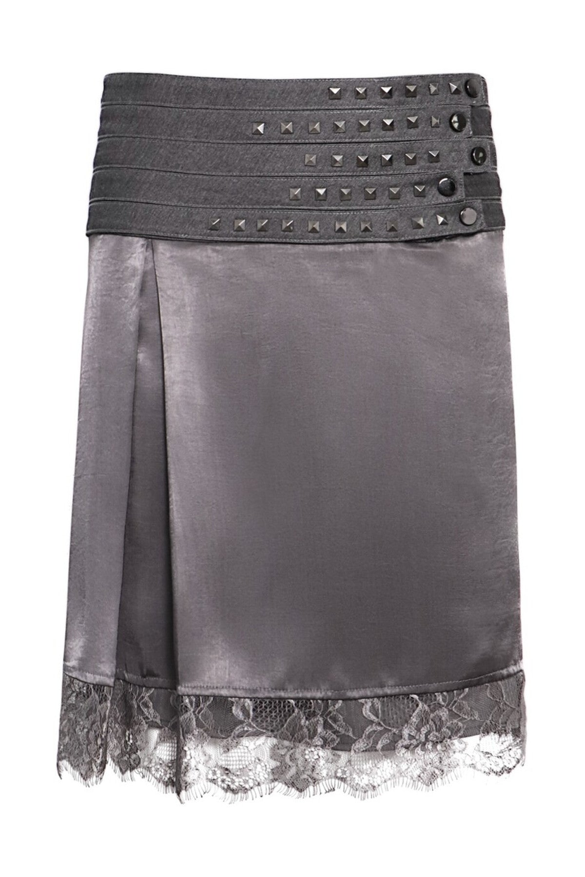Multi-Layered Rivet Patchwork Satin Skirt