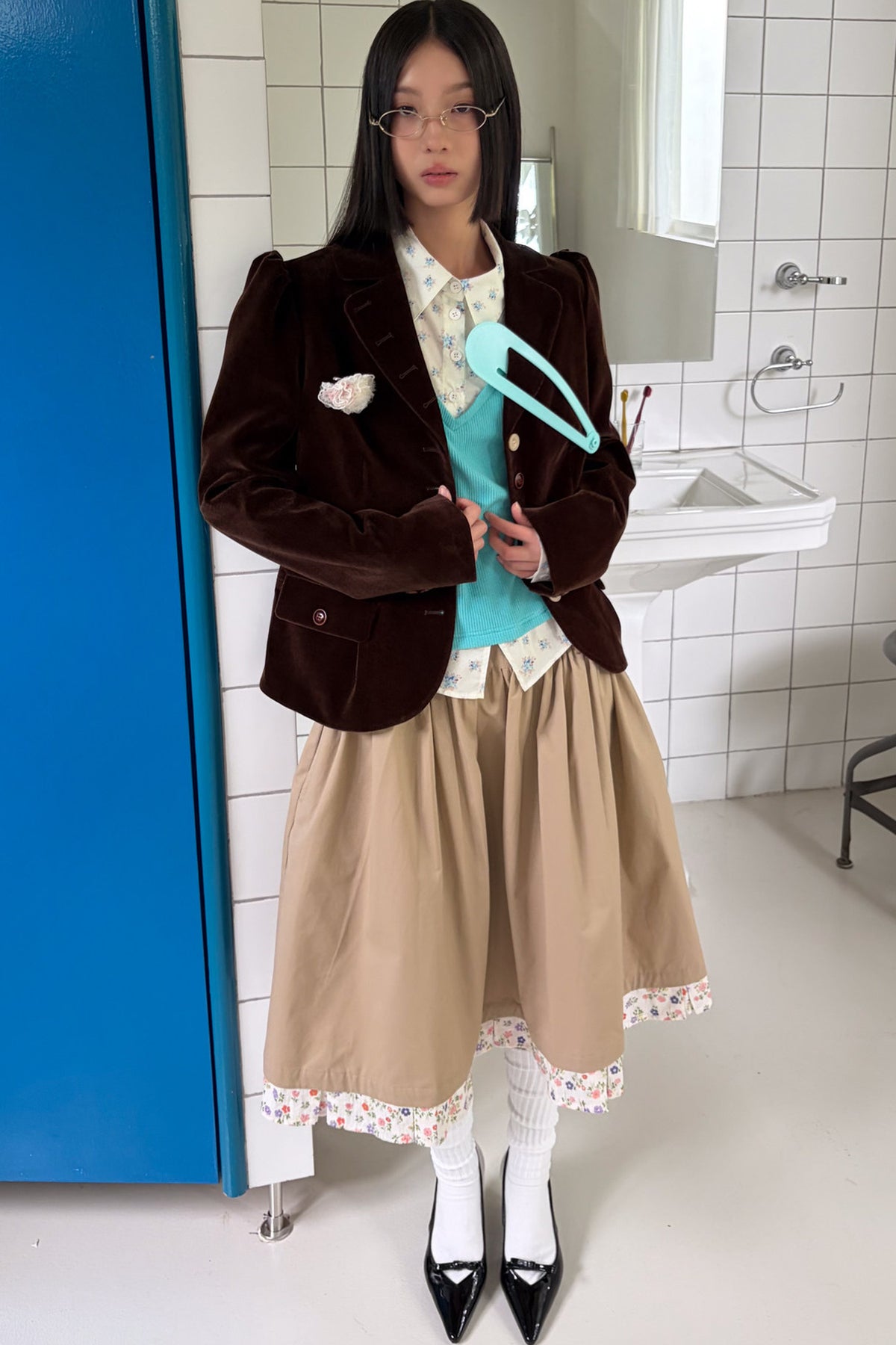 Brown Notch Lapel Puff Sleeve Blazer