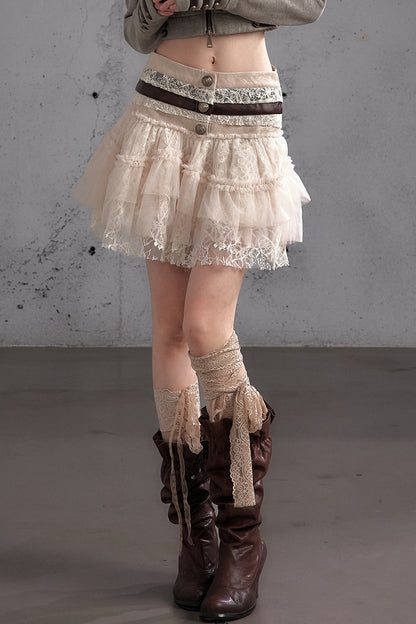 Lace Patchwork Pleated Multi-Layered Puffy Skirt