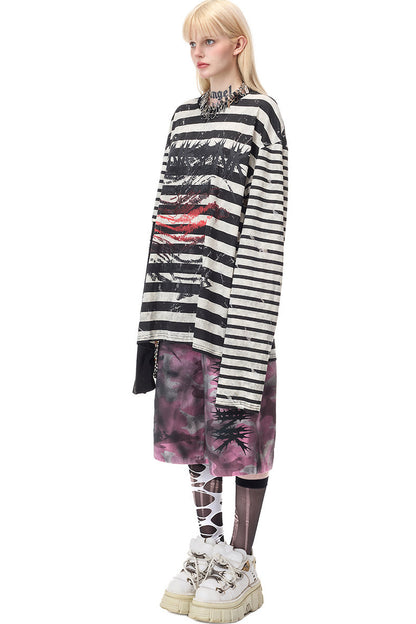 Punk Burnt Floral Cut-Out Striped Raglan Blouse