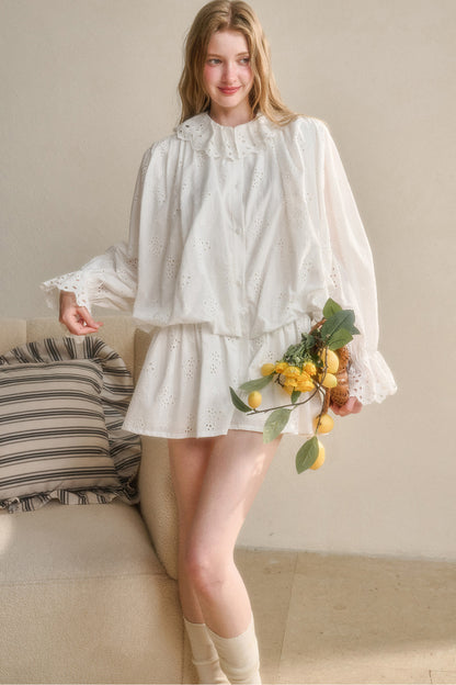Long-Sleeved Cotton Embroidered Shirt Dress