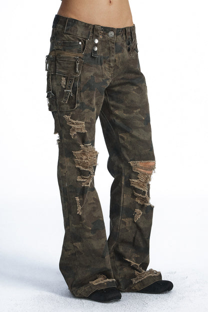 Camouflage Patchwork Multi-Pocket Flared Jeans