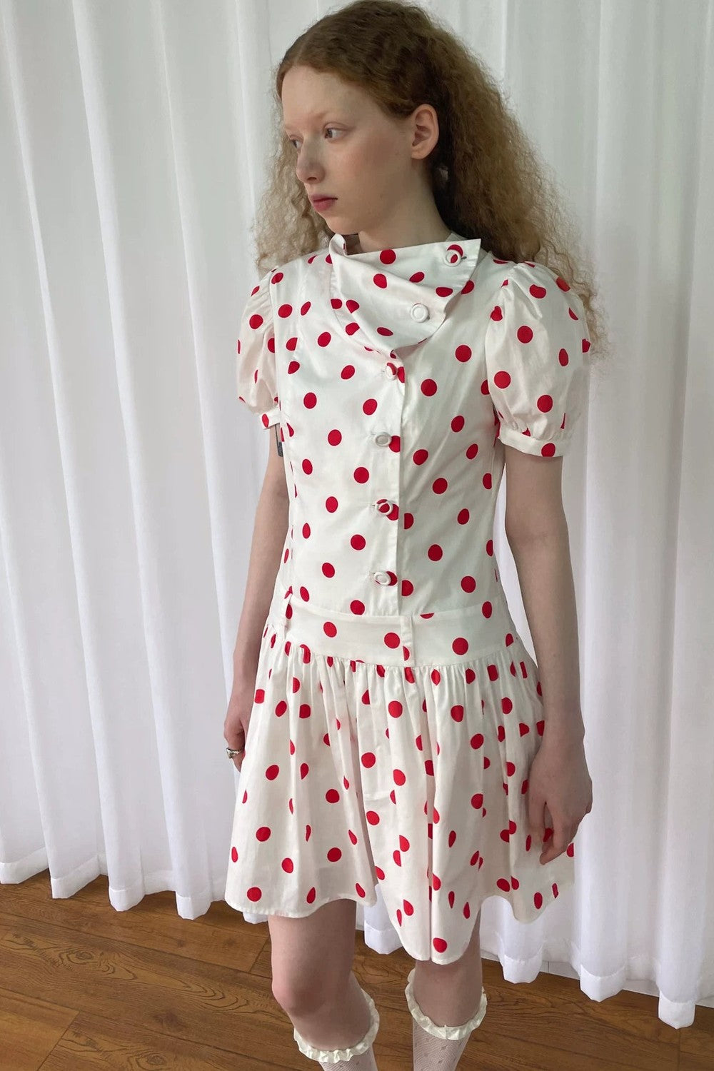 Red Retro Polka Dot Bubble Sleeve Dress