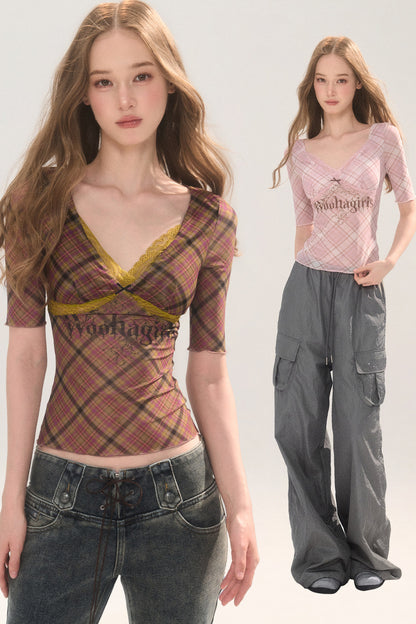Plaid Mesh Chest Pad Top