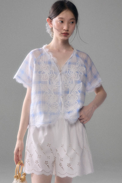 Blue White Checkered Lace Tencel Top Skirt Set-Up