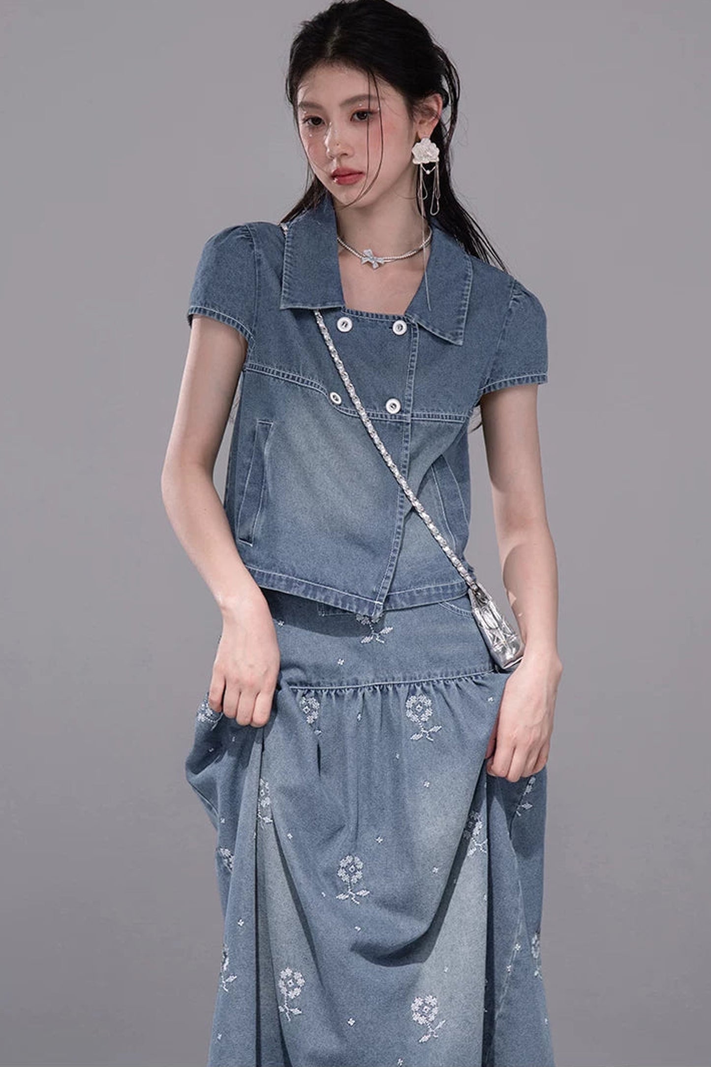 Gentle Denim Cropped Top and Skirt Set