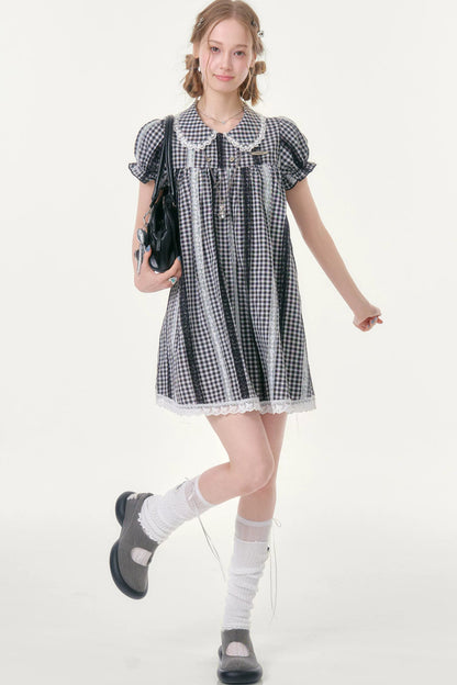 Retro Plaid Lace Puff Sleeve Dress