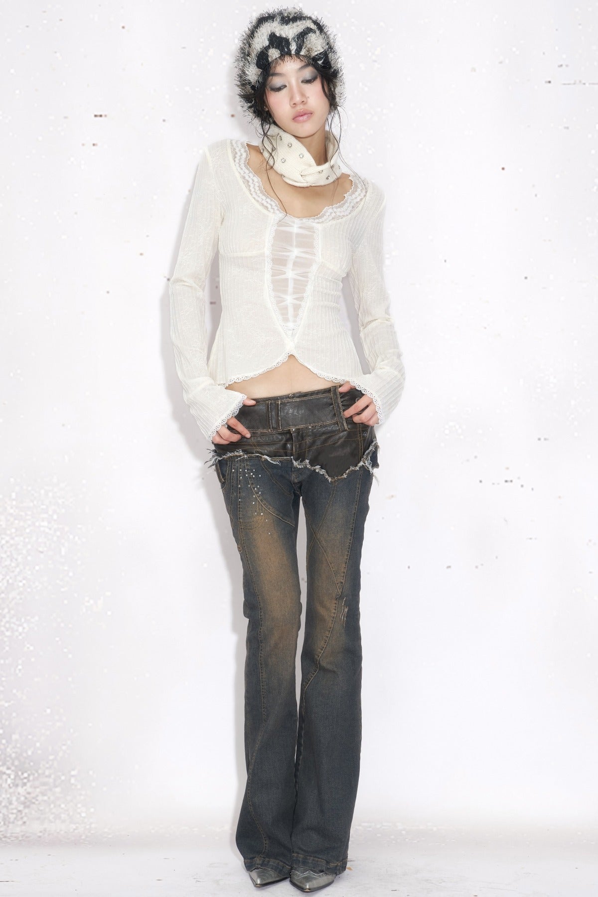 Leather Patchwork Rhinestone Flared Jeans
