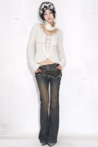 Leather Patchwork Rhinestone Flared Jeans