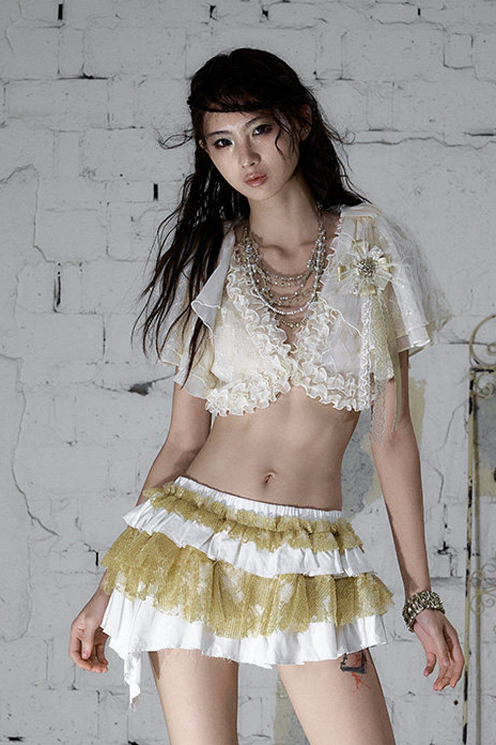 White Gold Tiered Ruffle Raw Edge Skirt