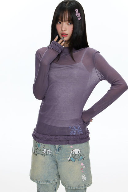 Sheer High Neck Ruffle Hem Top