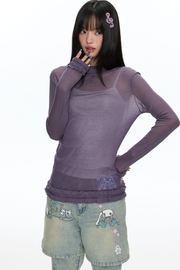 Sheer High Neck Ruffle Hem Top