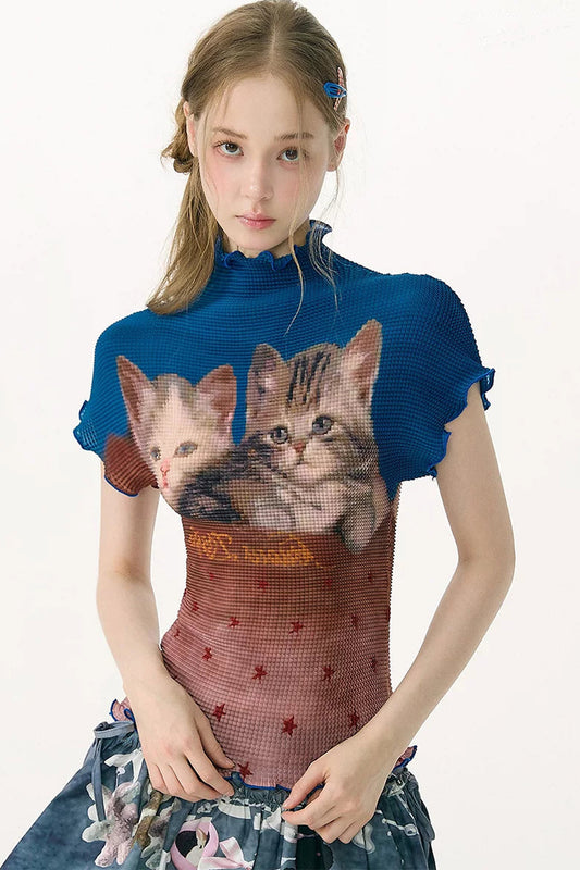 Color-Blocked Cat Print Pleated T-Shirt