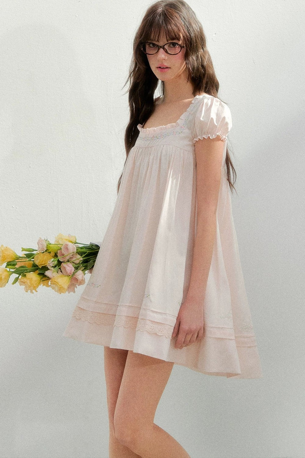 Square Neck Lace Embroidery Dress