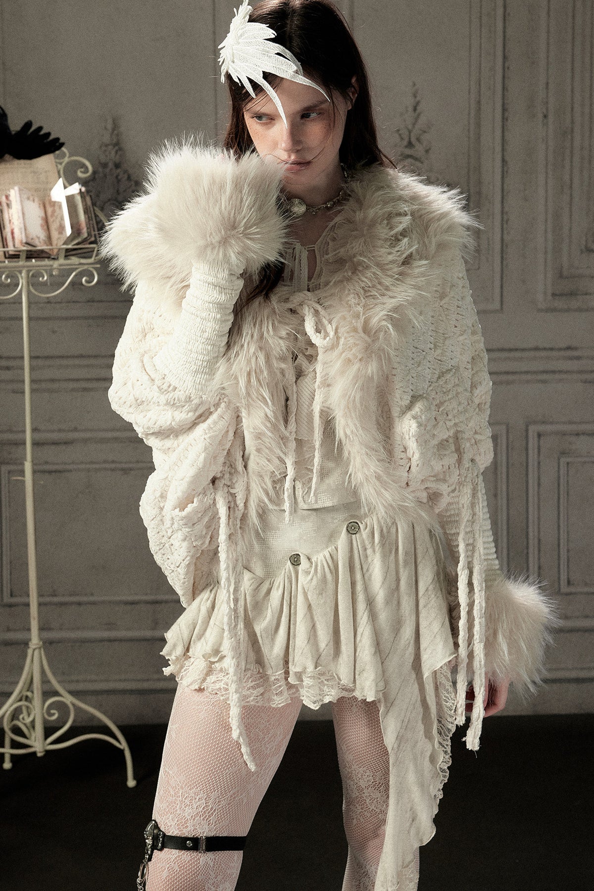 Beige Fur Collar Batwing Knit Jacket