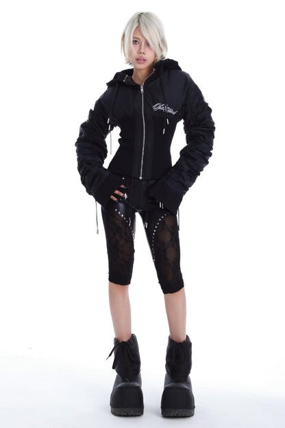 Ribbed Detachable Hood Tassel Jacket