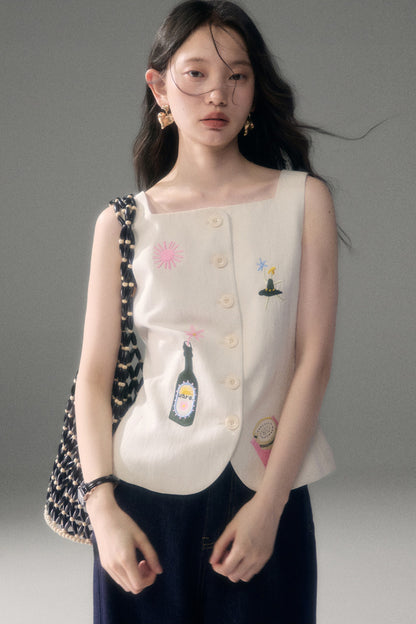 Ear Detail Tencel Cotton Embroidered Vest and Shorts Set-Up