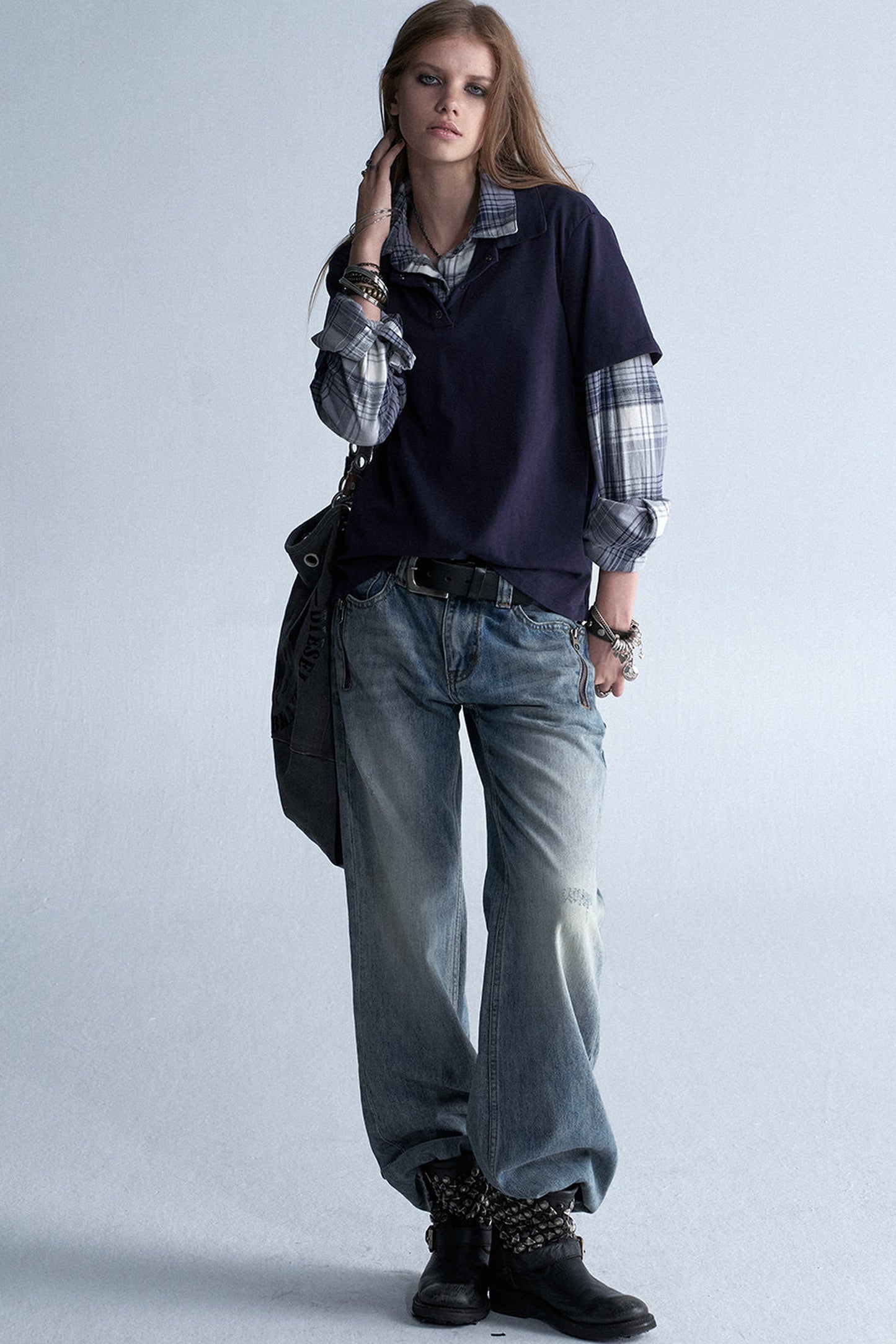 Retro Plaid Layered Washed T-Shirt