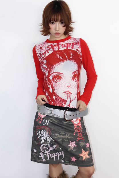 Red Manga Lace Long Sleeve Tee