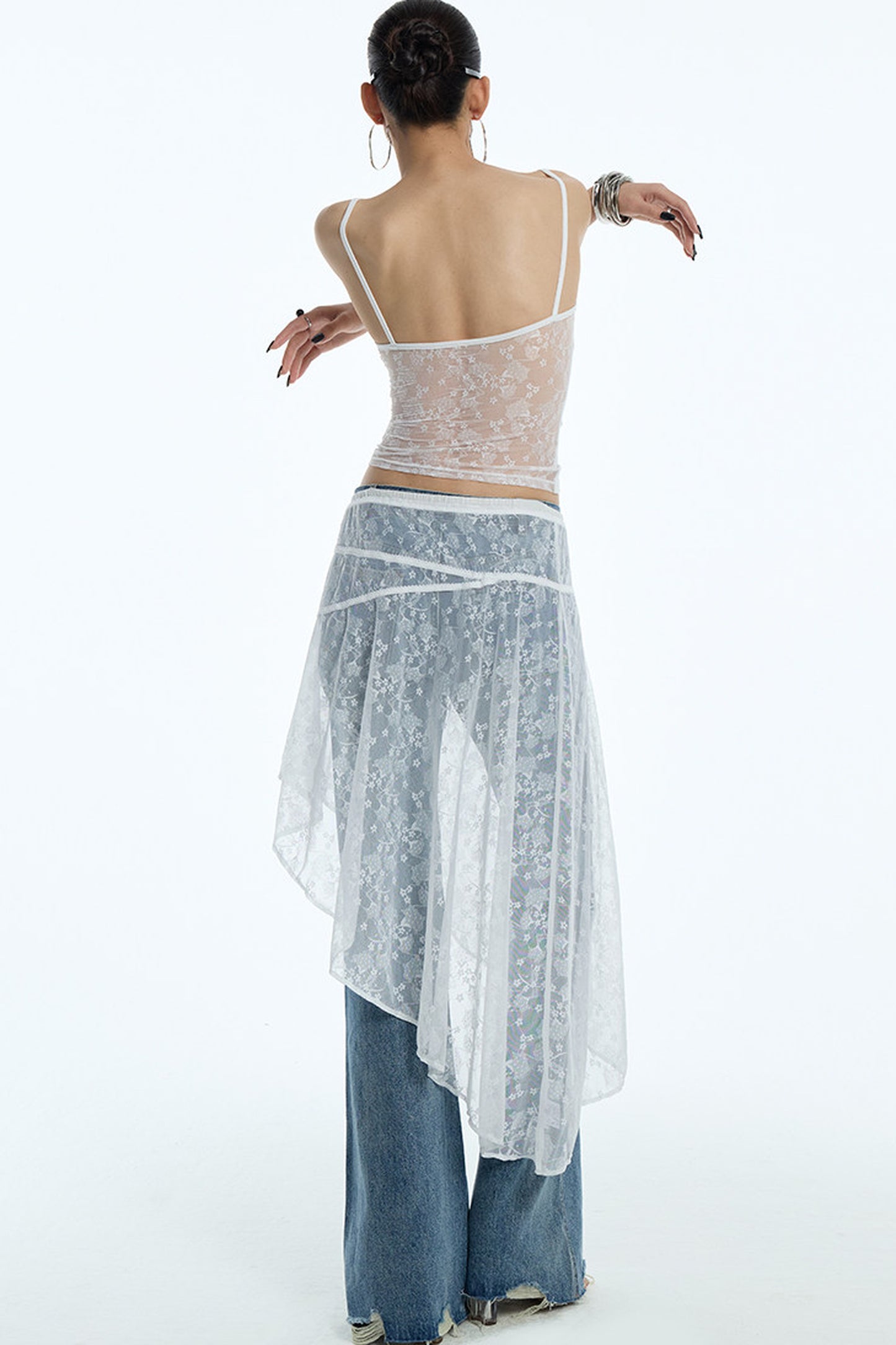 Sheer White Lace Side Ruffle Skirt
