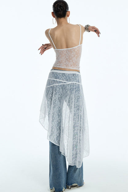 Sheer White Lace Side Ruffle Skirt