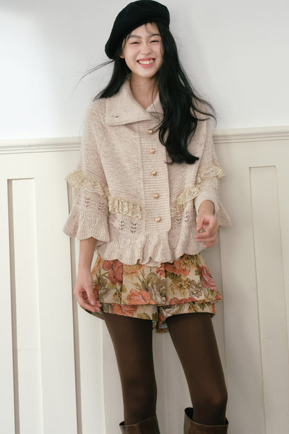 Oatmeal Ruffled Knit Cape Sweater