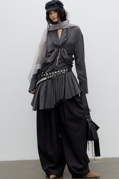 Sculpture-Style Pleated Asymmetrical Ruffle Hem Shirt Dress