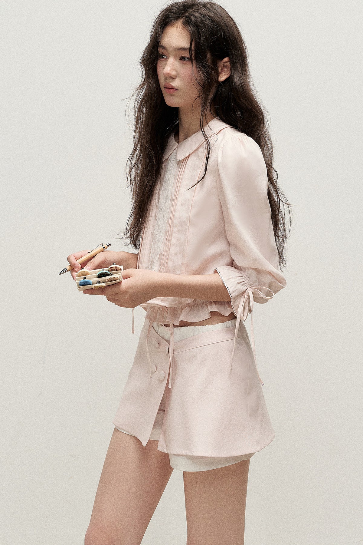 Mist Pink Lyocell Linen Mid-Sleeve Tuck Pleat Shirt Skirt Set-Up