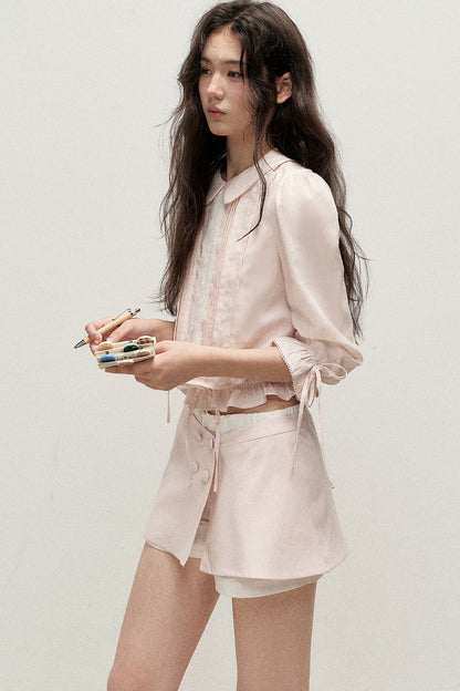 Mist Pink Lyocell Linen Mid-Sleeve Tuck Pleat Shirt Skirt Set-Up