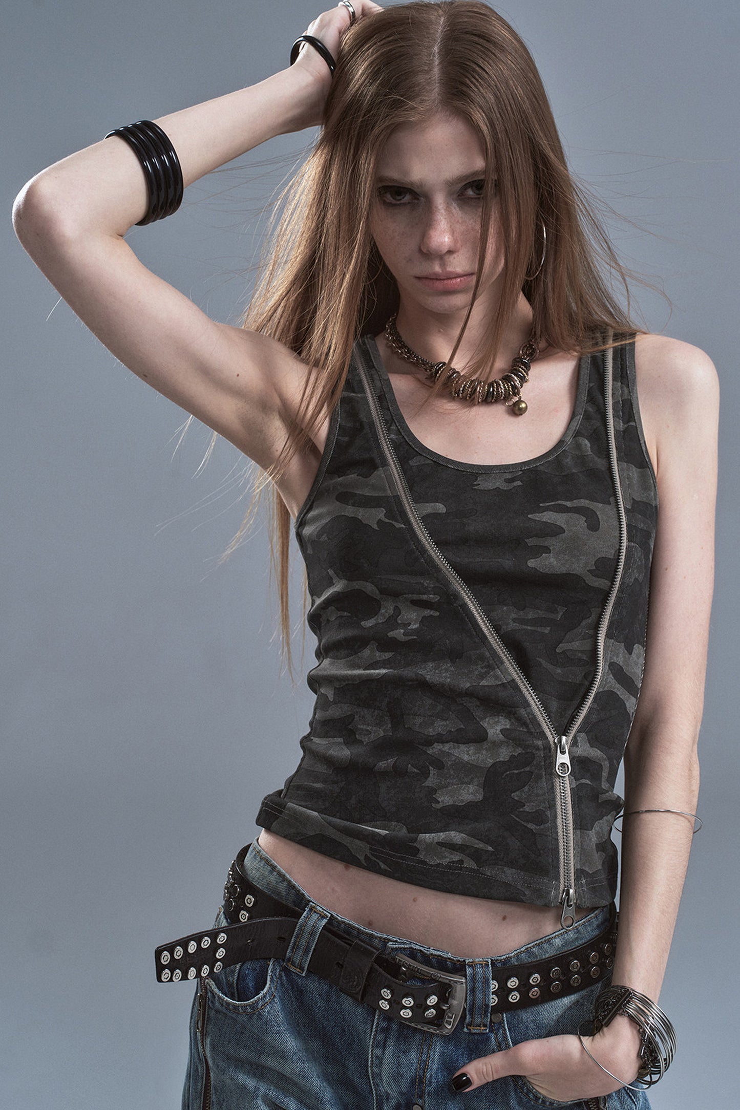 Black Camouflage Diagonal Zipper Two-Way Wear Camisole