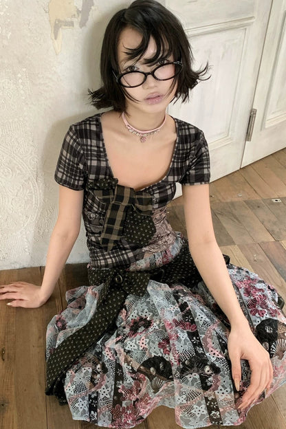Cartoon Plaid Tie Top