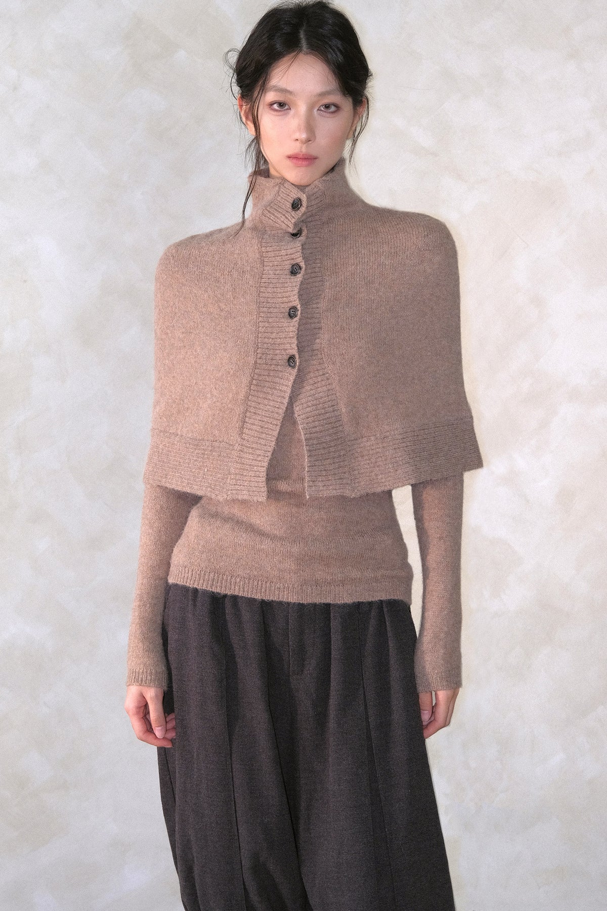 High Collar Button Cape Knit Top Set-Up