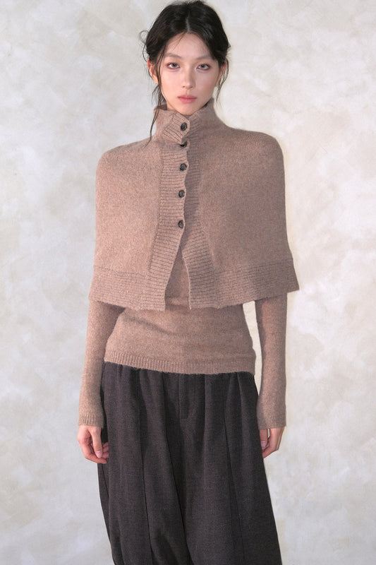 High Collar Button Cape Knit Top Set-Up