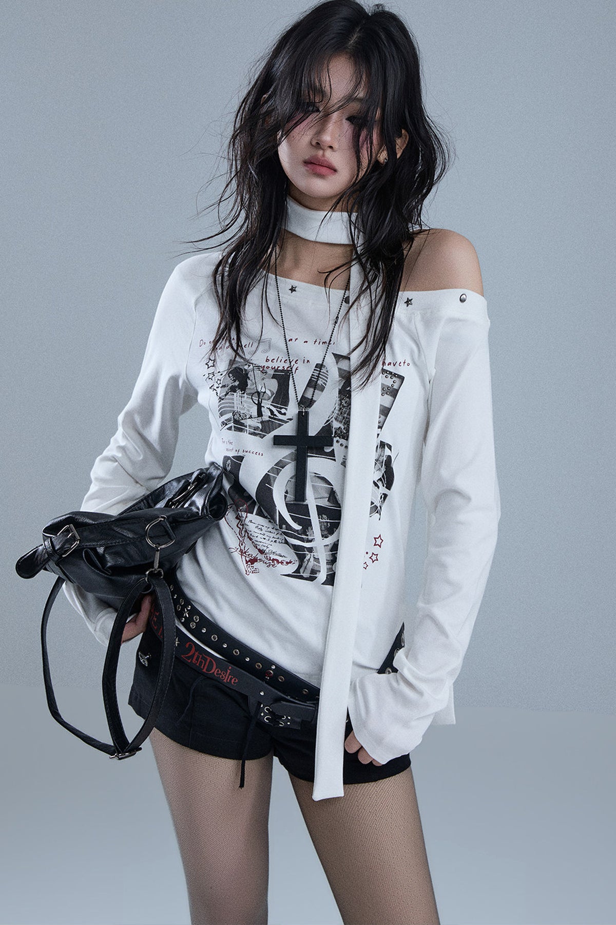 White Off-Shoulder Graphic Long-Sleeve T-Shirt